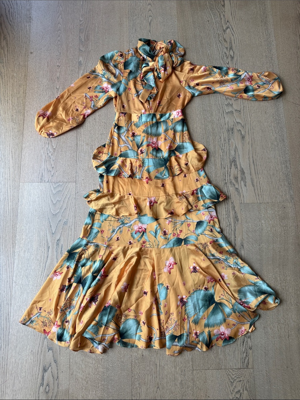 Johanna Ortiz X H+M Mustard Floral Tiered Maxi Dress with Teal Leaves